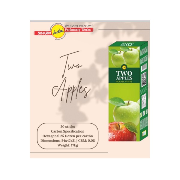 Sree Vani Two Apples (İKİ ELMA) Kokulu Hexagonal Çubuk Tütsü 20'li "iki Elmanın Büyüsü: Doğanın Tatlı Aroması" Sree Vani Two Apples (İKİ ELMA) Kokulu Hexagonal Çubuk Tütsü 20'li "iki Elmanın Büyüsü: Doğanın Tatlı Aroması"